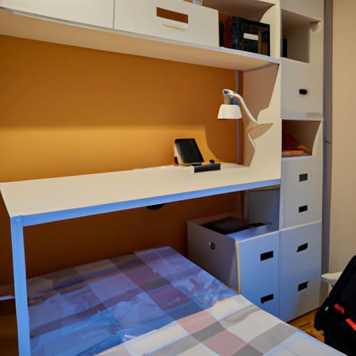 חדר רב תכליתי עם מיטת קומותיים קומפקטית, פתרונות אחסון ופינת עבודה