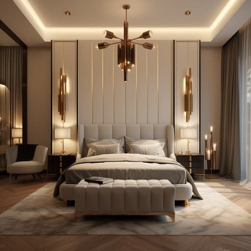 חדר שינה מהמם בעיצוב מאנגר המציג מיטה נוחה, ריהוט מסוגנן ותאורה אלגנטית.
