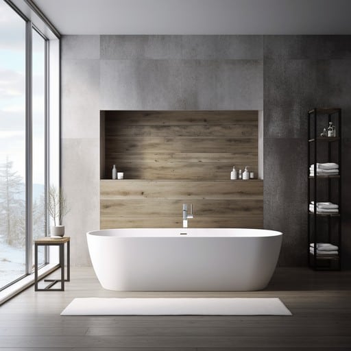 עיצוב חדר אמבטיה אלגנטי ומינימליסטי המוגבר על ידי נוכחות האמבטיה של דלת הפנים אטומה למים.