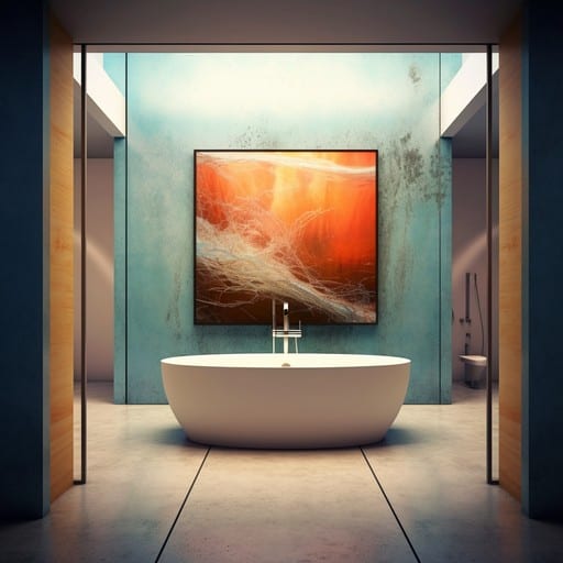 חדר רחצה אלגנטי ומודרני הכולל את אמבטיית הדלת הפנימית עמידה למים בתור החלק המרכזי.